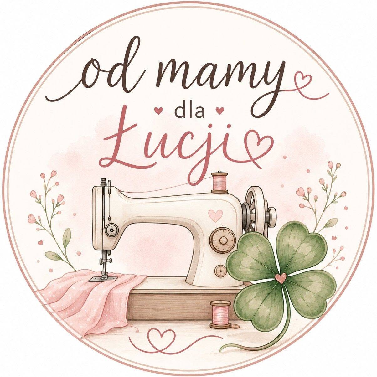 Logo Od mamy dla Łucji — maszyna do szycia i koniczynka